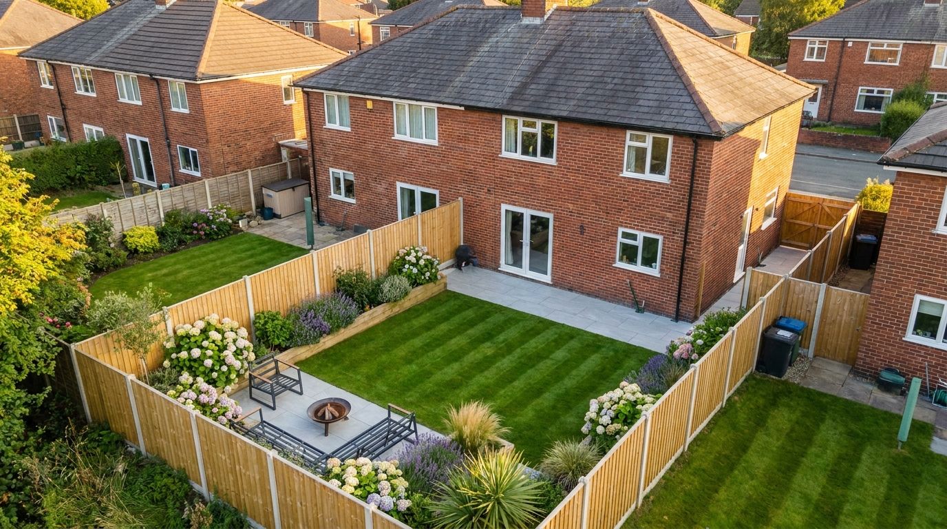 Aerial view of a complete garden transformation