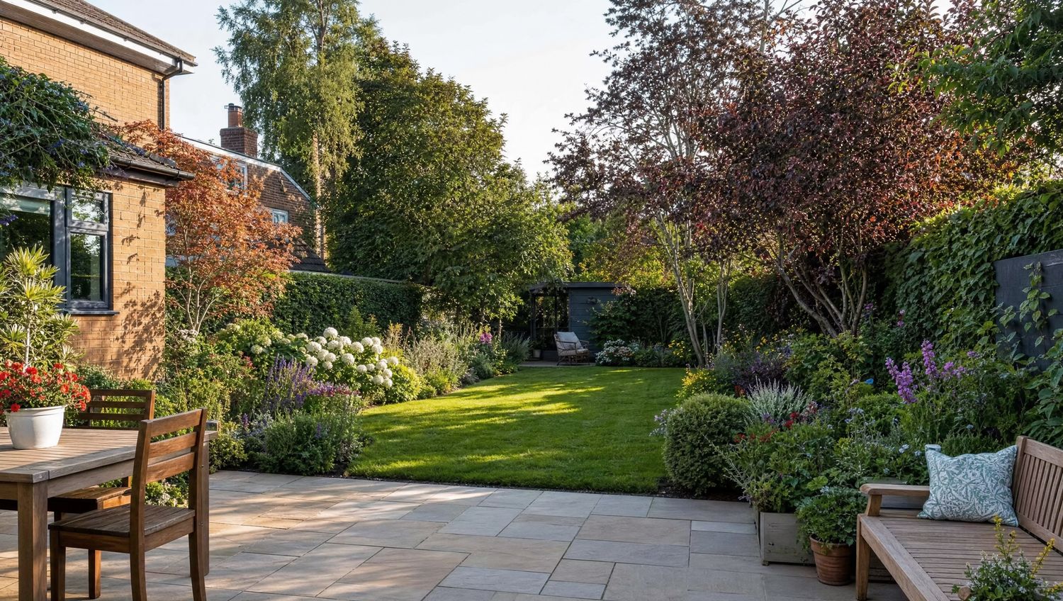 Evening patio with planting borders