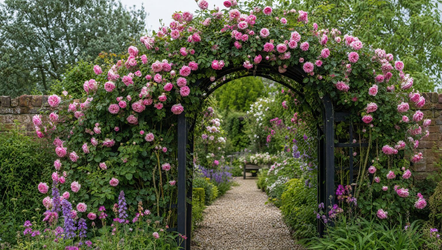 Rose arch walkway in bloom